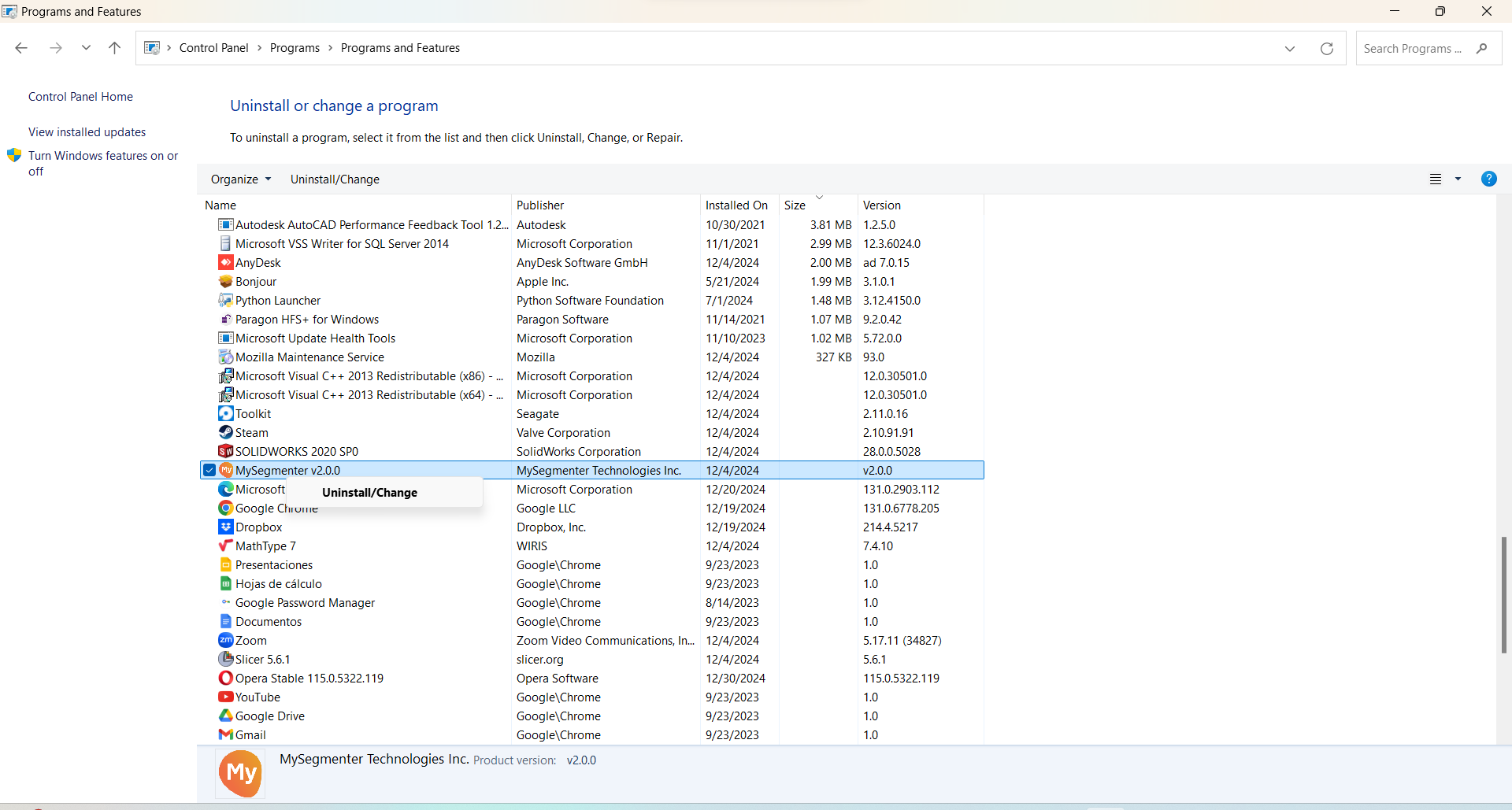  Control panel program list