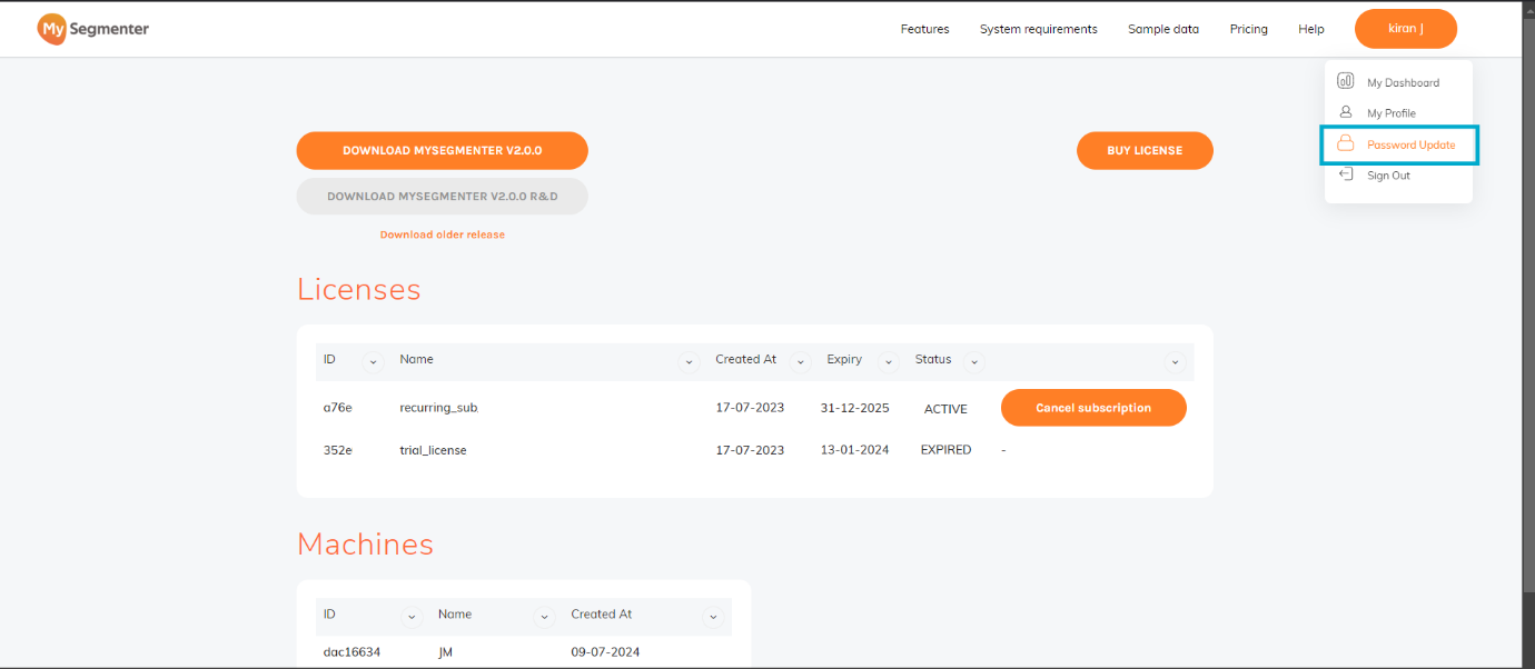 Password update option location
